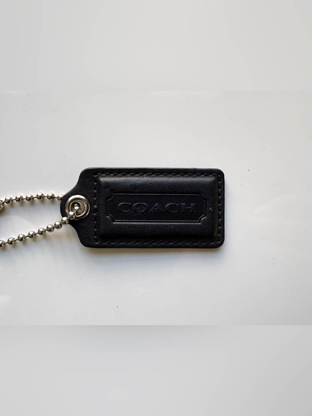 COACH 2.25” Large Black Leather Silver Hang Tag Hangtag Bag Charm Keychain Fob
